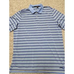 RLX Ralph Lauren Mens XL Blue Striped Performance Golf Polo Shirt Short Sleeve